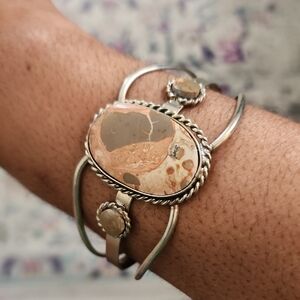 925 Sterling Silver Peach Jasper Cuff Bracelet Statement Open Cuff